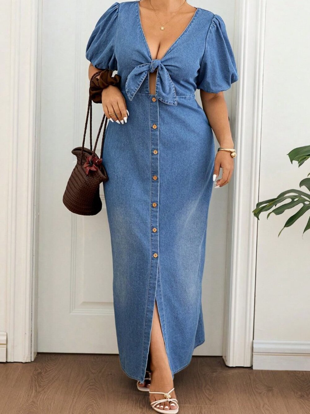 Blue Casual Women's Plus Size Deep V-Neck Denim Maxi Dress